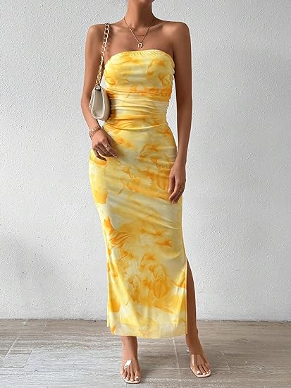 Mesh Floral Bodycon Maxi Dress - Yellow