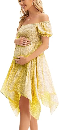 Square Neck Flowy Irregular Hem Baby Shower Dress - Yellow