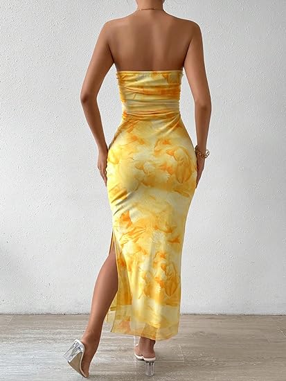 Mesh Floral Bodycon Maxi Dress - Yellow