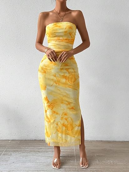 Mesh Floral Bodycon Maxi Dress - Yellow