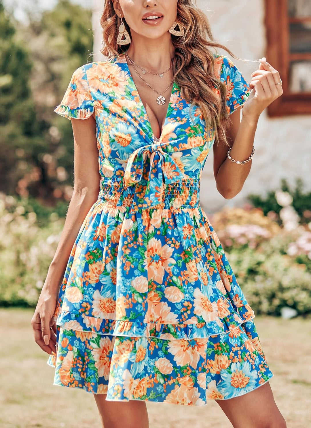 Tie Front V Neck floral Perfection Mini Dress - Blue