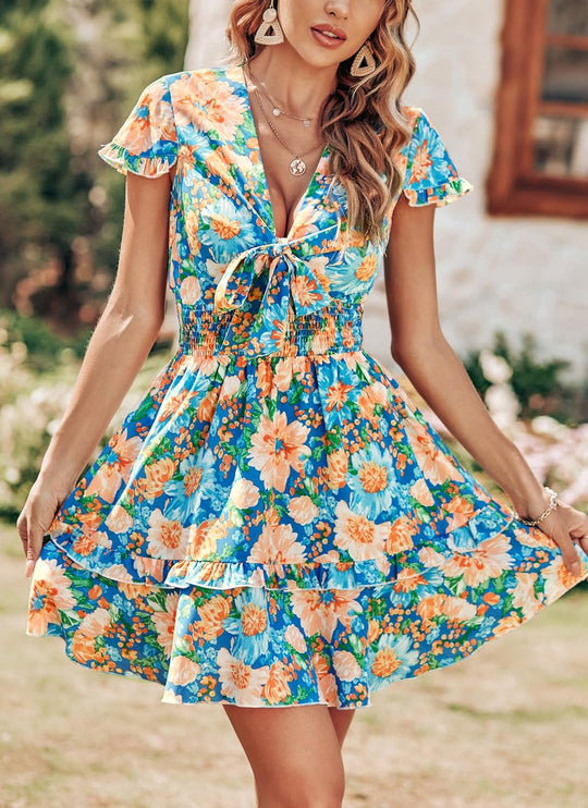 Tie Front V Neck floral Perfection Mini Dress - Blue