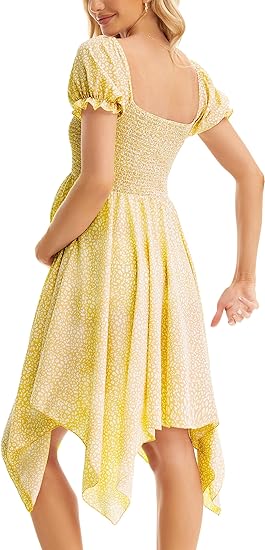 Square Neck Flowy Irregular Hem Baby Shower Dress - Yellow