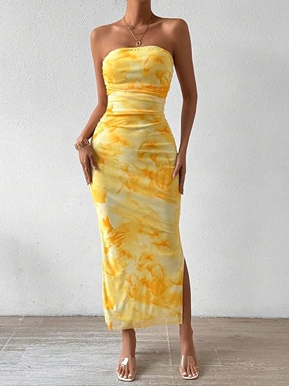 Mesh Floral Bodycon Maxi Dress - Yellow