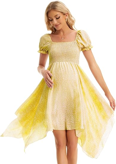 Square Neck Flowy Irregular Hem Baby Shower Dress - Yellow