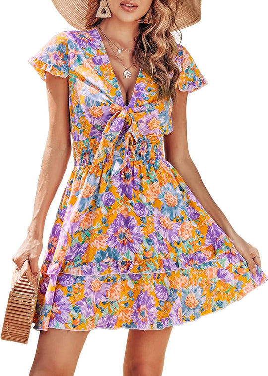 Tie Front V Neck Floral Blossom Trend Mini Dress - Orange