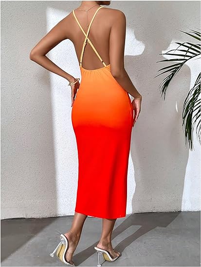 Crisscross Cami Backless Cowl Neck Bodycon Dress - Orange