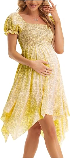 Square Neck Flowy Irregular Hem Baby Shower Dress - Yellow