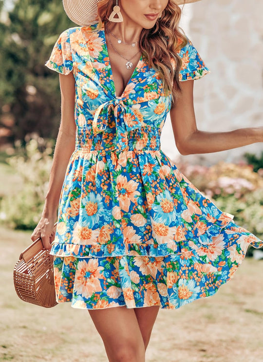 Tie Front V Neck floral Perfection Mini Dress - Blue