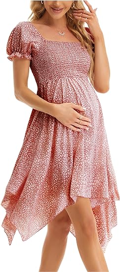 Square Neck Flowy Irregular Hem Baby Shower Dress - Pink