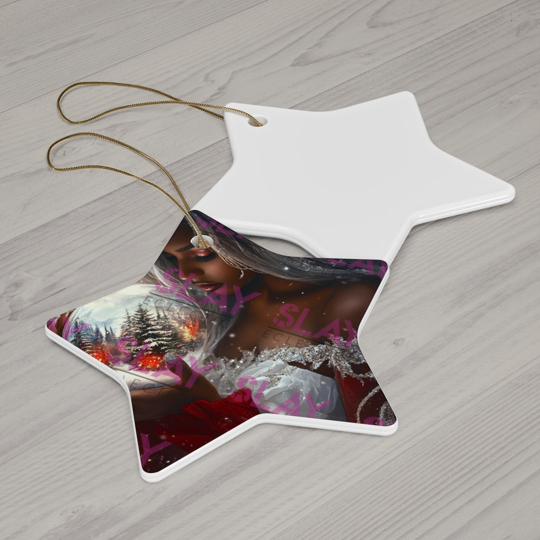 Elegant Holiday Ceramic Original AI Art Ornament - 3 Unique Shapes of A Woman Holding Snow Globe