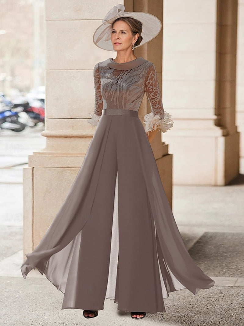 Jumpsuit / Pantsuit Mother of the Bride Dress Beach Wedding Elegant Vintage Jewel Neck Floor Length Chiffon Half Sleeve with Feather Sequin Appliques 2025