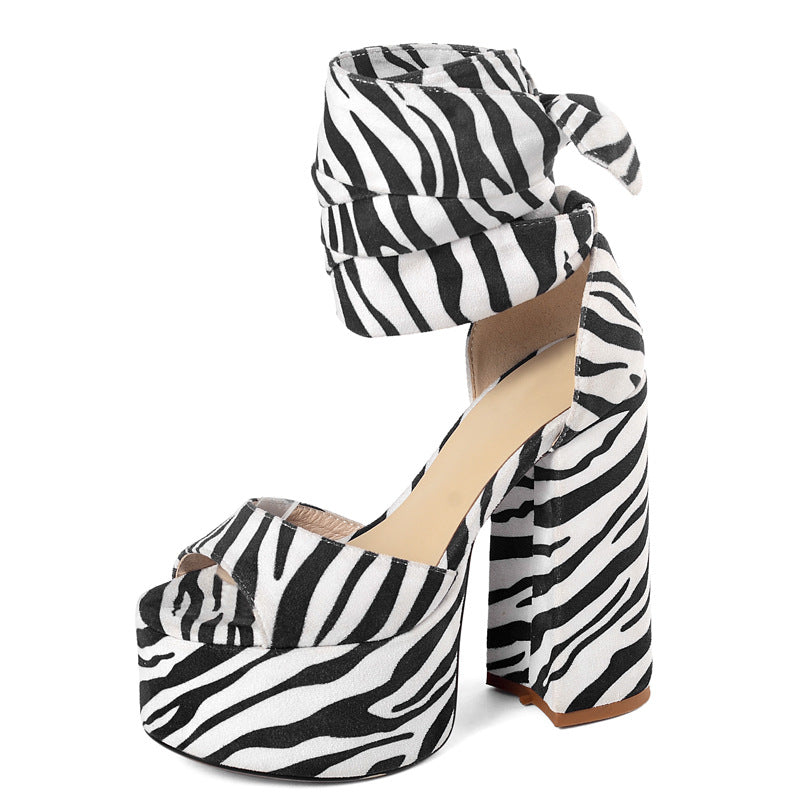 Summer Thick Heel Platform Sandals Large 40-43 Women's Shoes Striped Style