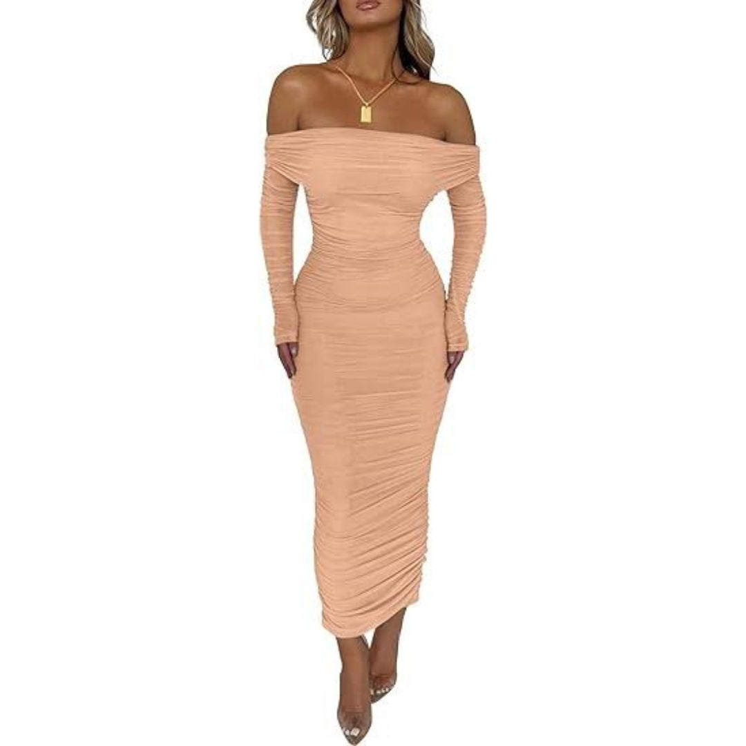 Off Shoulder Maxi Bodycon Ruched Fitted Club Dress - Cream