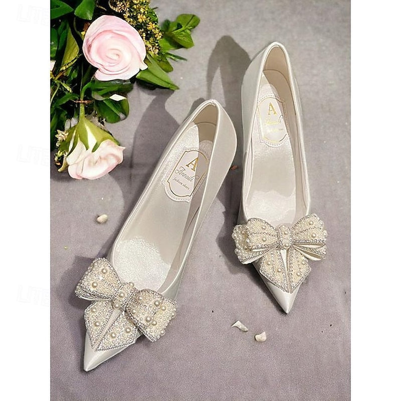 Women'S White Satin Pointed Toe Stiletto Heels with Rhinestone Bow and Pearl Embellishments – Elegant Bridal Wedding Shoes