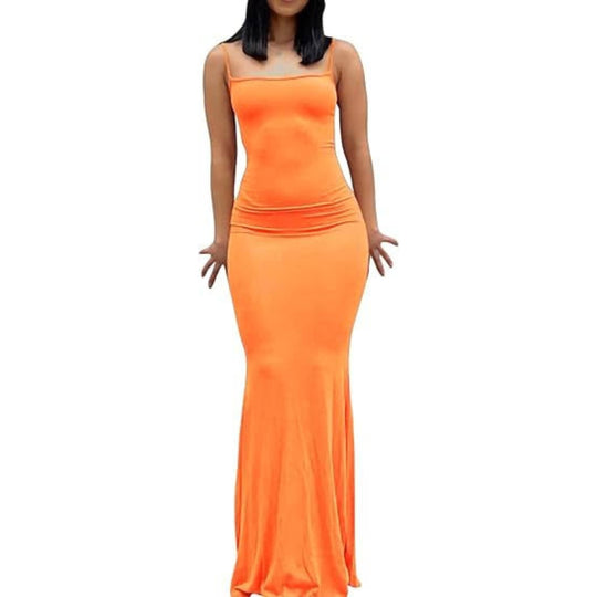 Spaghetti Strap Tight Slip Maxi Bodycon Dress  - Orange