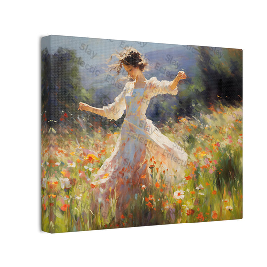 Canvas Print - Whimsical Monet Style Floral with Dreamy Dancing Girl in Field AI