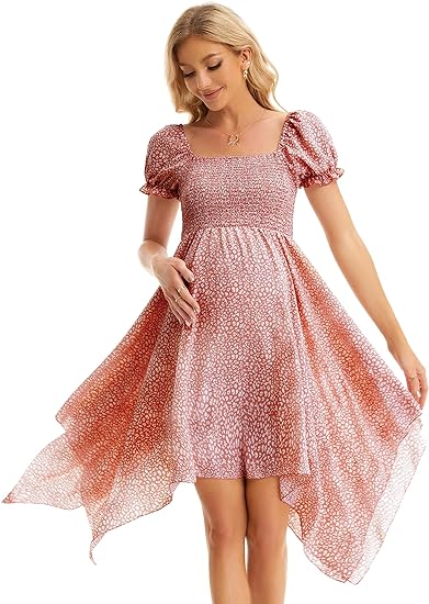 Square Neck Flowy Irregular Hem Baby Shower Dress - Pink