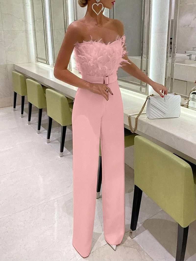 Plume Perfection Belted Slim Fit Jumpsuit - Pink