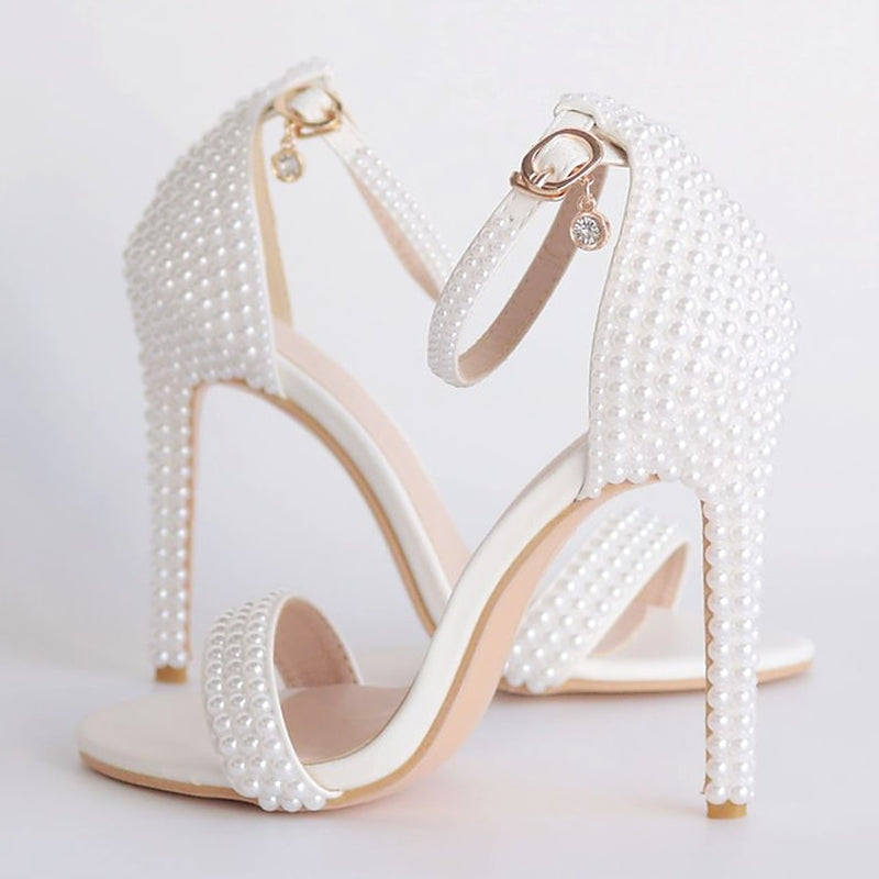 Women'S White Pearl Embellished Wedding Heels with Bow and Ankle Strap – Elegant Bridal Shoes for Weddings and Formal Events