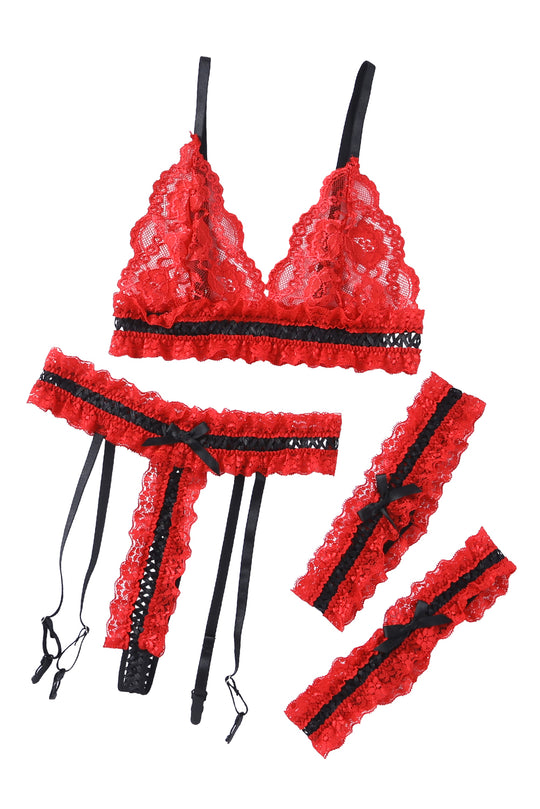 Red Sheer Lace Contrast Black Trim Lingerie Set