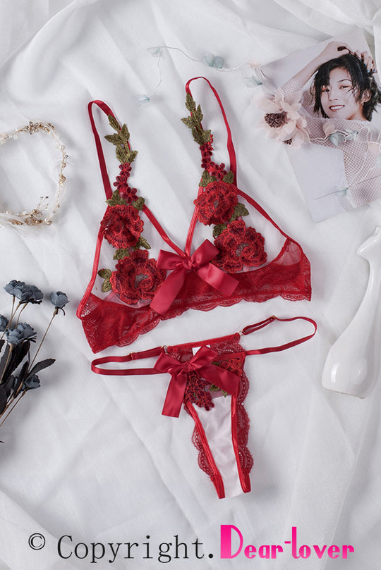 Red Flowers Bow Triangle Bra & Thong  Set