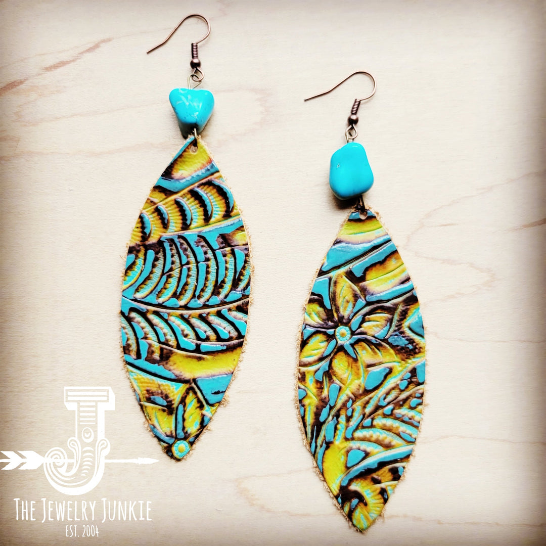 **Leather Narrow Oval Earrings in Dallas Turquoise w/ Turquoise Accent 207a-0