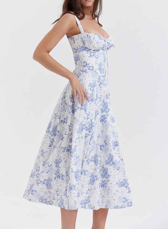 Floral Midi Corset Dress - Blue