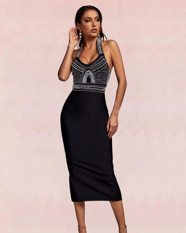 Beaded Bodycon Midi Dress - Black