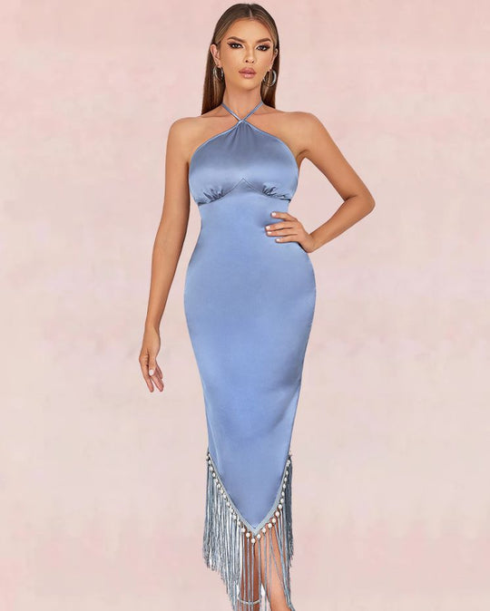 Boho Flair Bodycon Midi Dress - Blue** (**please see shipping policy)