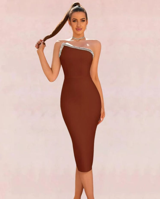 Curvaceous Bodycon Midi Dress - Brown