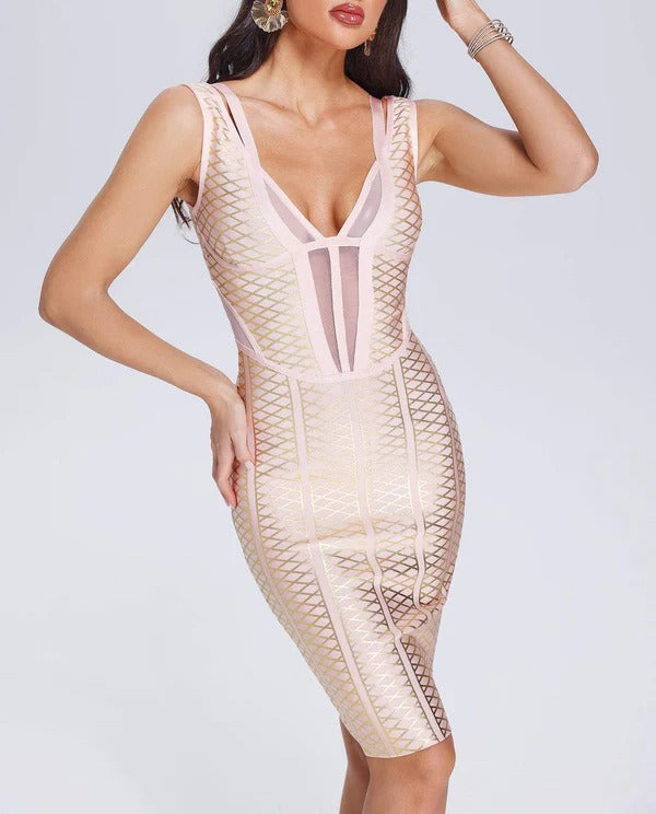 Deep V-neck strap wrapped buttocks tight bandage formal dress