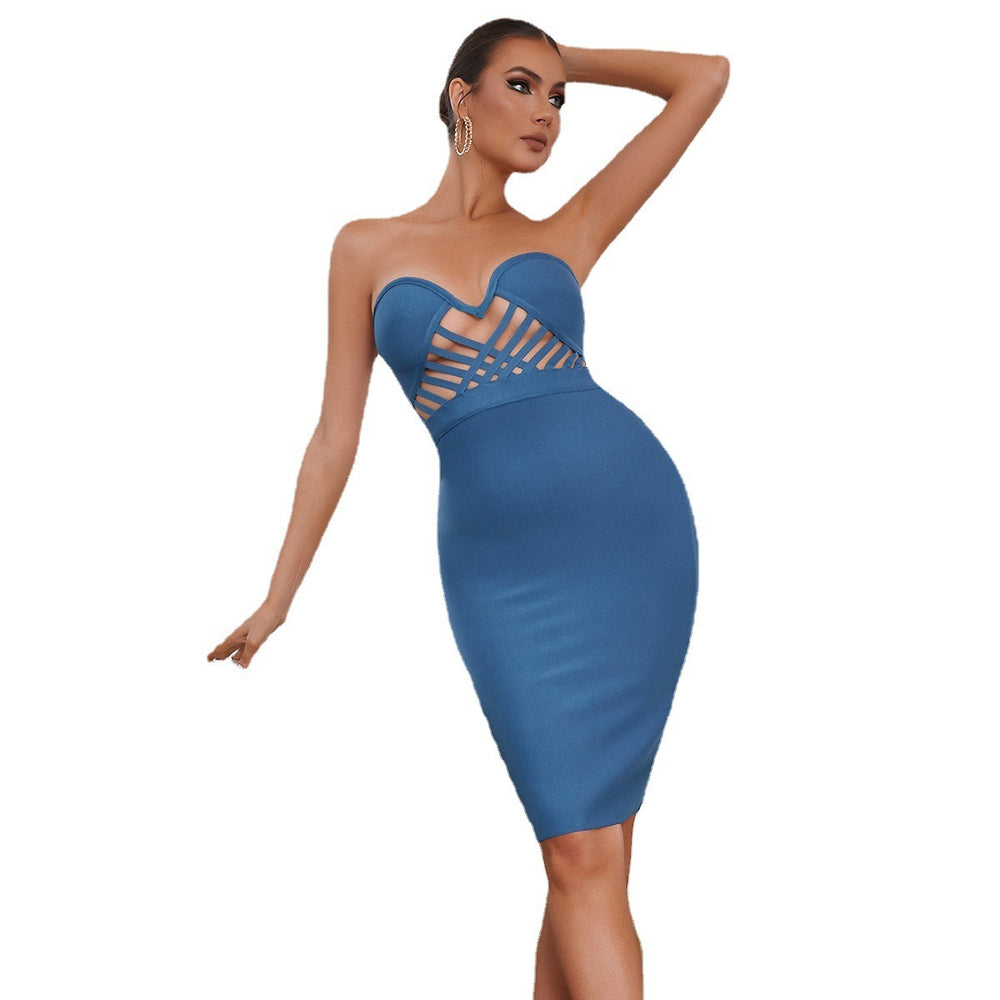 European and American sexy hollow out strapless blue bandage dress