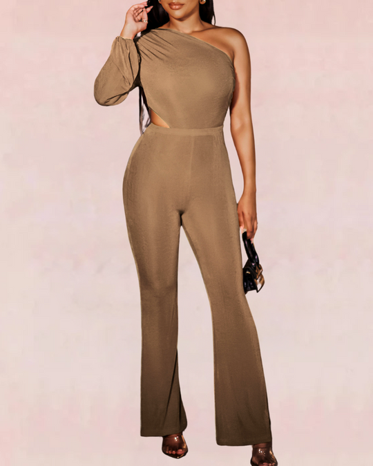 Divine Edge One-Shoulder Cutout Jumpsuit - Elegant Khaki