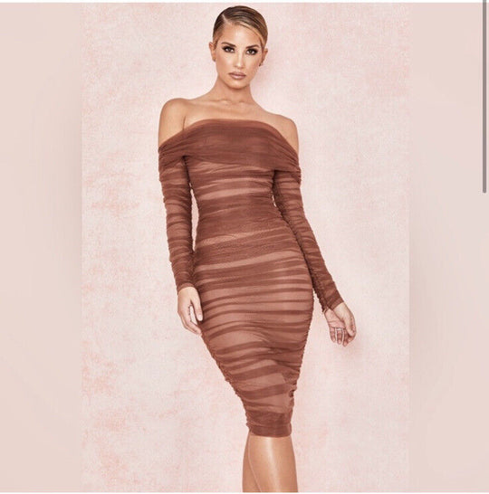 Enchanting Mesh Bodycon Midi Dress - Brown