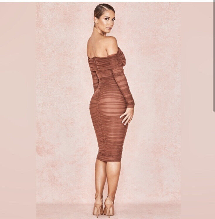 Enchanting Mesh Bodycon Midi Dress - Brown