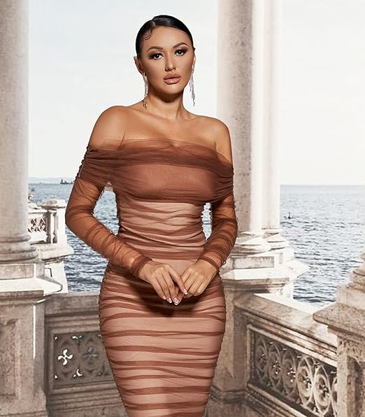 Enchanting Mesh Bodycon Midi Dress - Brown