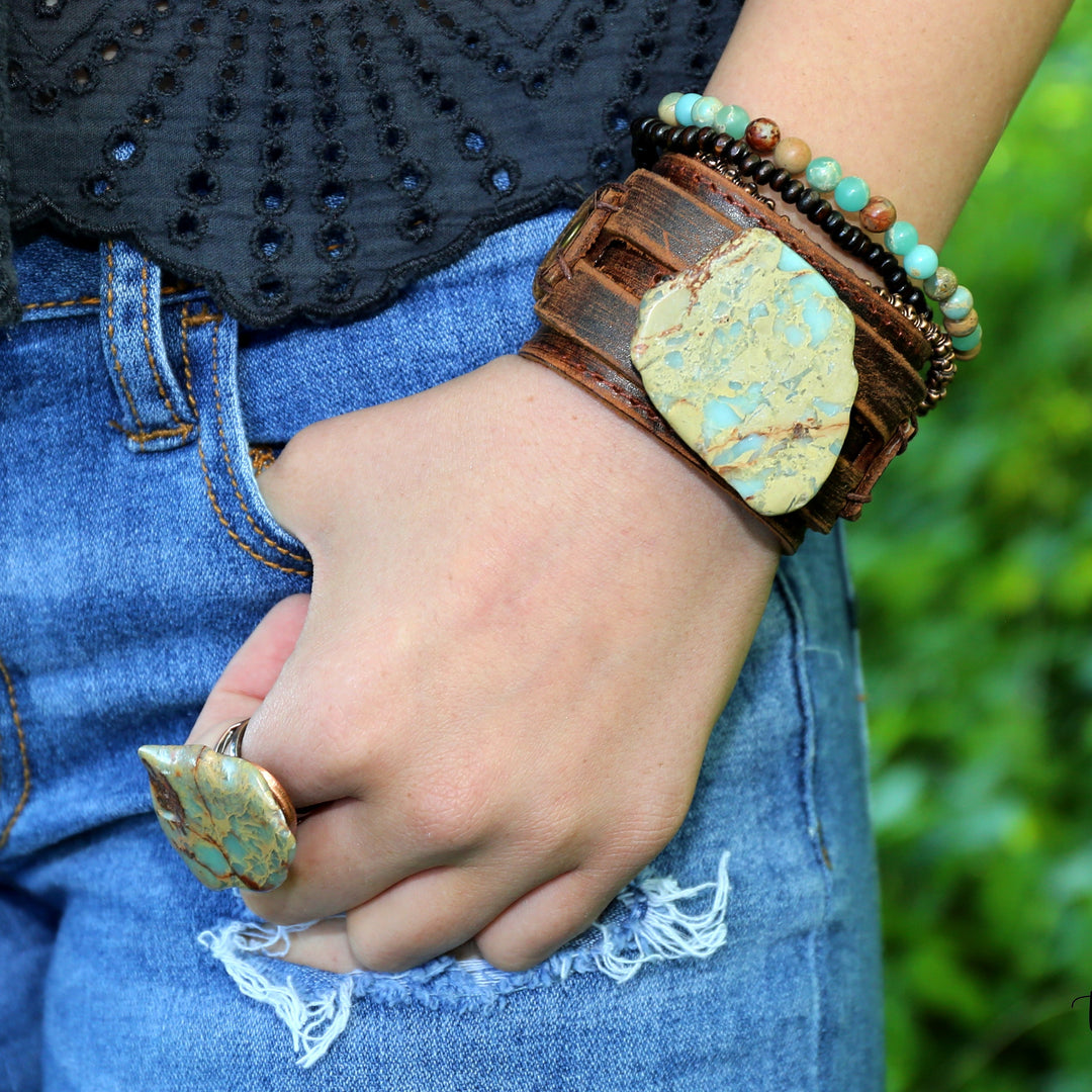 Genuine Leather Wide Cuff Bracelet w/ Aqua Terra Slab 006a-3