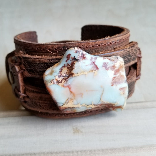 Genuine Leather Wide Cuff Bracelet w/ Aqua Terra Slab 006a-0