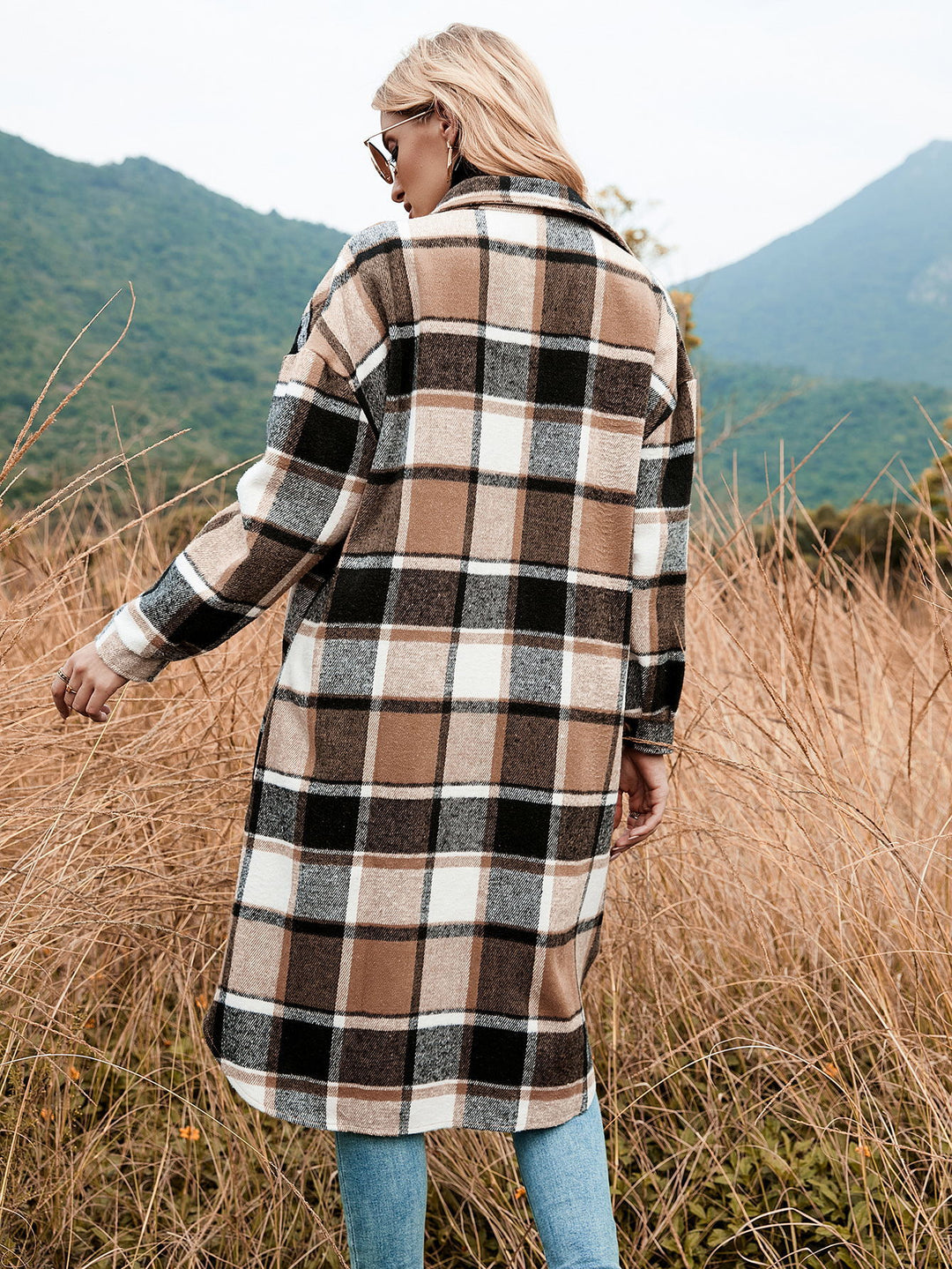 Autumn Winter Women Plaid Trench Coat