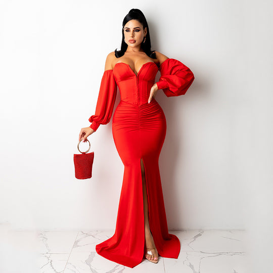 Elegant Off-Shoulder Maxi Dress for Women - Sexy Solid Color Nightclub Style