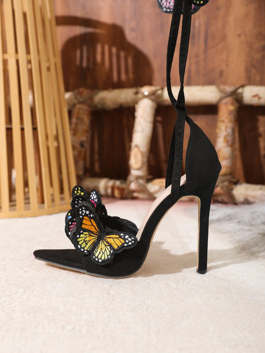 Summer Sandals Heels Sandals Embroidered Women Butterfly Decorative Stiletto Heel Lace up Sandals