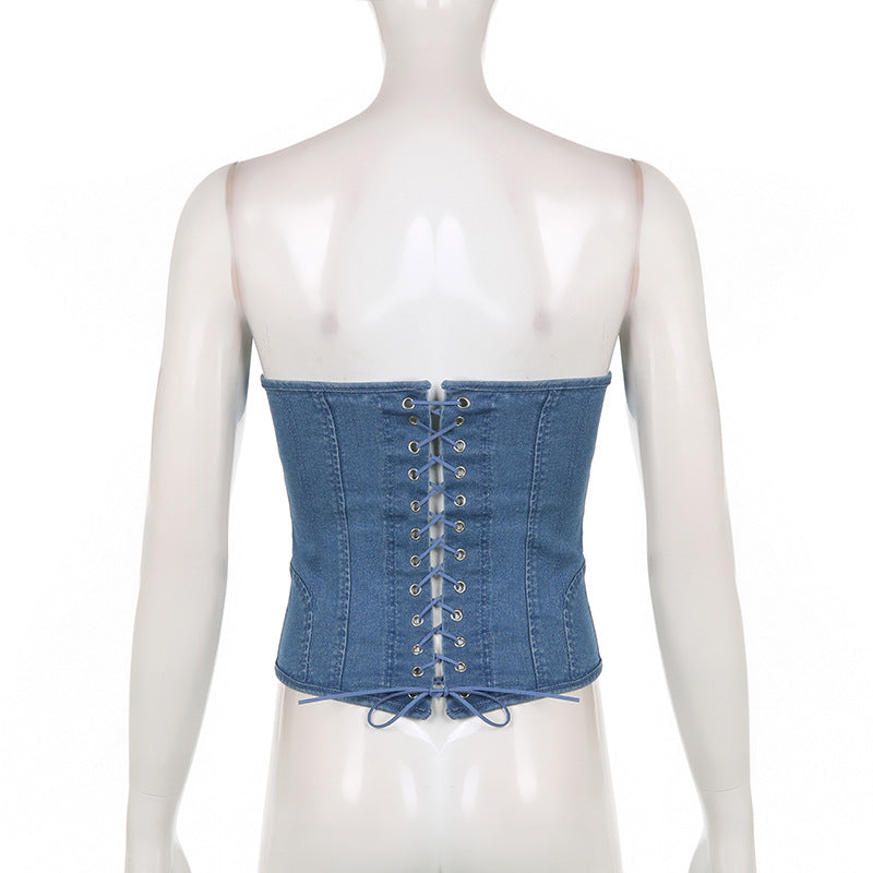 Urban Chic Lace-Up Denim Corset Tube Top for Summer Nights-Slay Eclectic