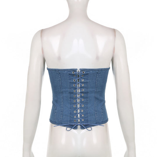 Urban Chic Lace-Up Denim Corset Tube Top for Summer Nights-Slay Eclectic