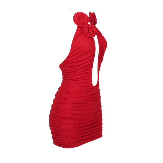 Red Floral 3D Cutout Strapless Bodycon Dress with Pleated Mesh Detail-Slay Eclectic