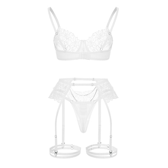 Luxe Floral Lace Chain-Embellished Bra and Panty Set