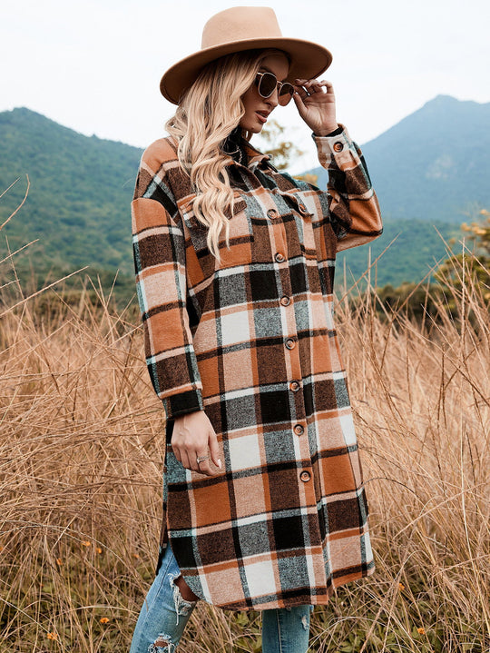 Autumn Winter Women Plaid Trench Coat