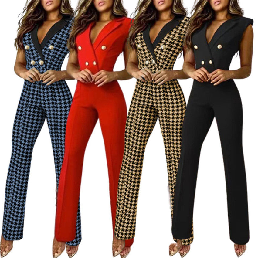 Executive Houndstooth Seductive Business Jumpsuit - Black