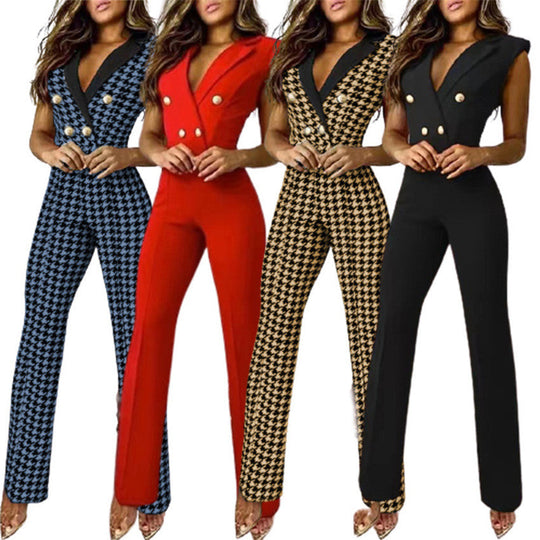 Executive Houndstooth Seductive Business Jumpsuit - Black