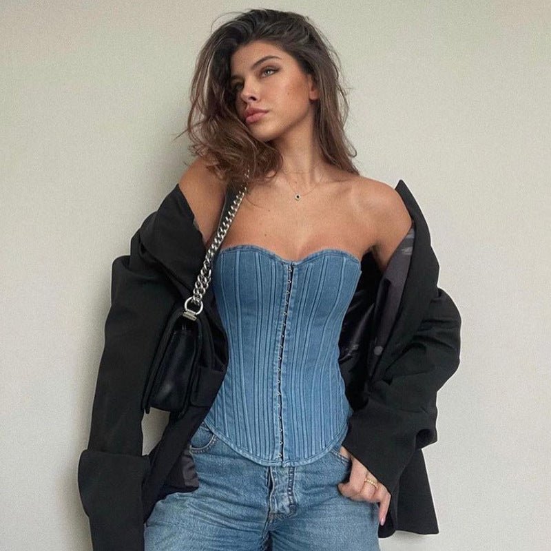 Urban Chic Lace-Up Denim Corset Tube Top for Summer Nights-Slay Eclectic